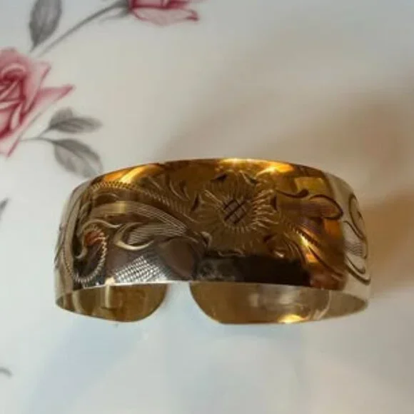 Vintage Etched Wide Gold Filled Cuff - Picture 2 of 6